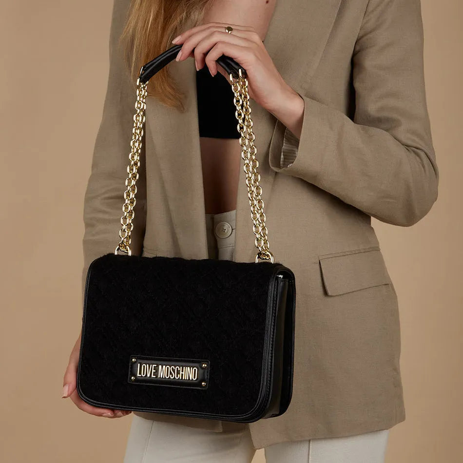 Love Moschino Borsa Donna a Spalla e Tracolla LOVE MOSCHINO linea Shiny Quilted in Eco-Fur Trapuntata Nera