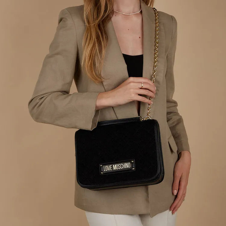 Love Moschino Borsa Donna a Spalla e Tracolla LOVE MOSCHINO linea Shiny Quilted in Eco-Fur Trapuntata Nera